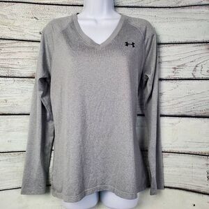 Under Armour HeatGear Long Sleeve V-Neck Shirt Women’s Large Gray Semi-Fitted